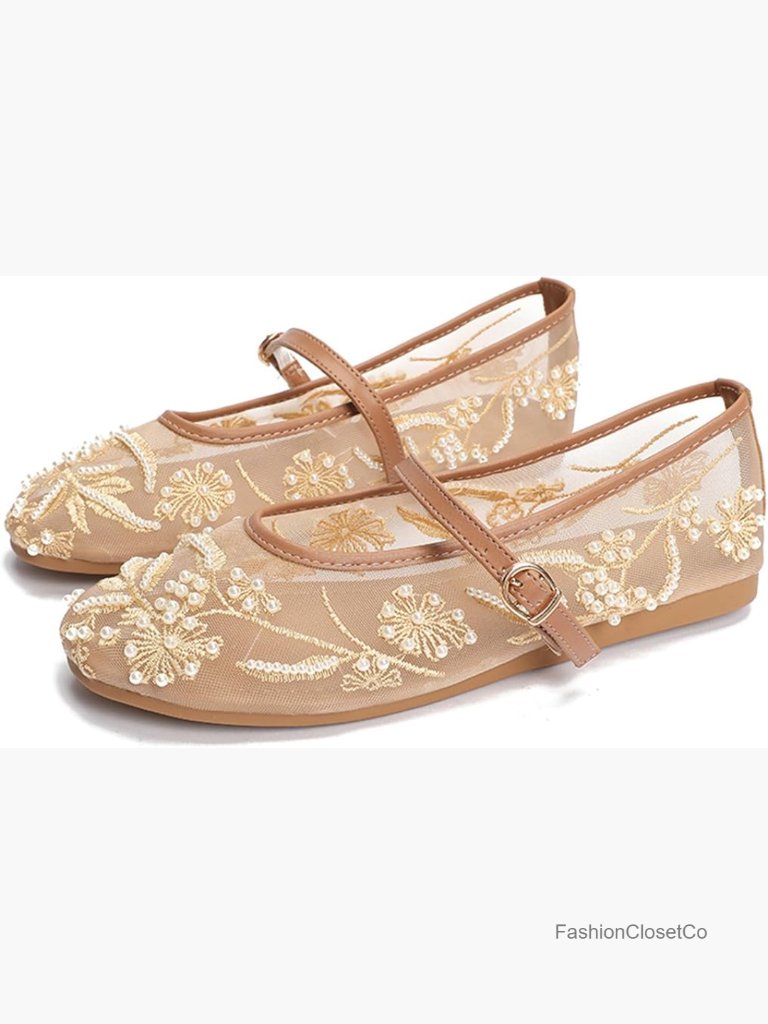 Mesh Embroidered Mary Jane Flats Ballet Shoes Slip On Floral Shoes